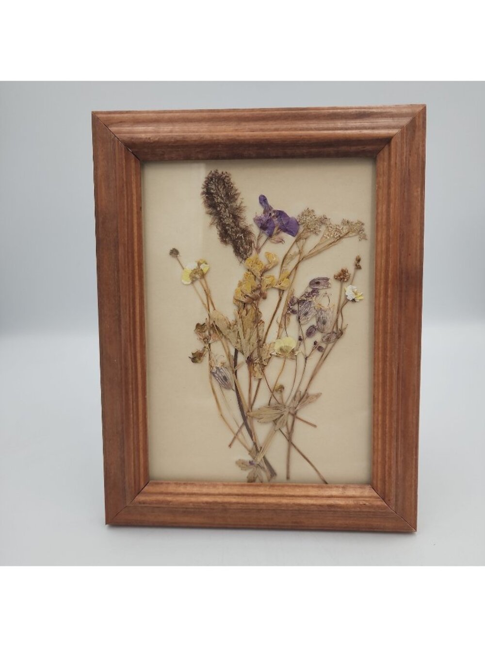 Vintage Pressed Flower Weed Folk Art Wood Frame Switzerland 1997 Wooden 8.5x6.5"
